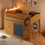 Lit mezzanine avec armoire de rangement, armoire avec rideau en tissu, design à DEL et escalier-123100632
