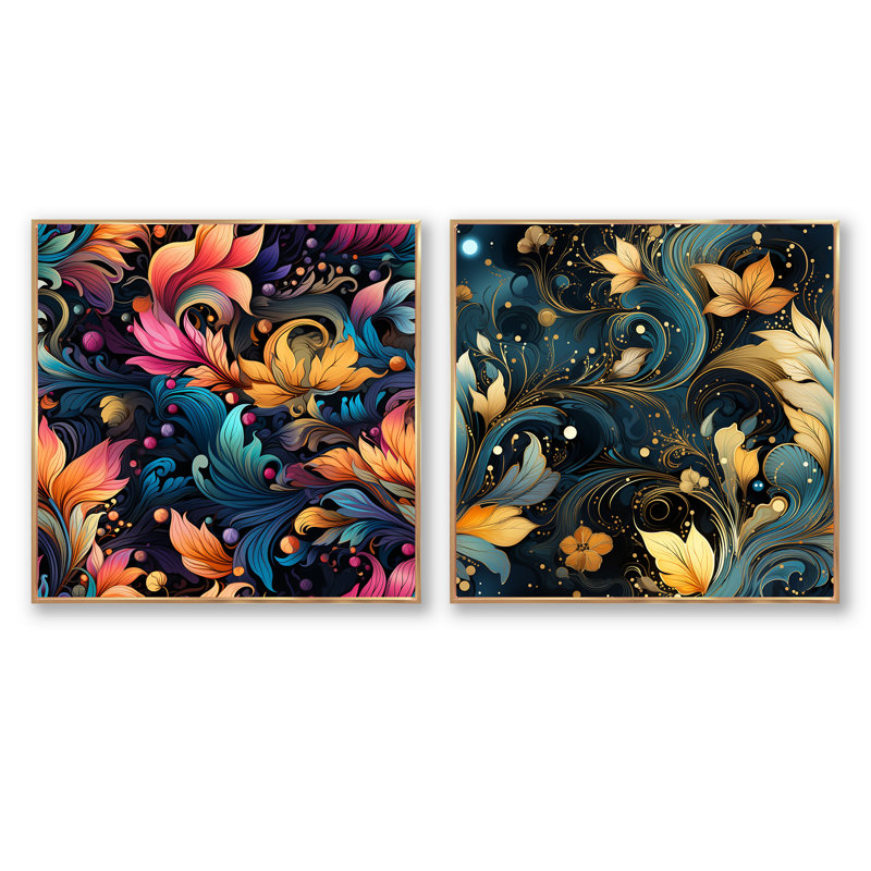 Maghull - Ensemble de 2 collages floraux et botaniques carrés, H 16 po x l 33 po, Cadre flottant doré
