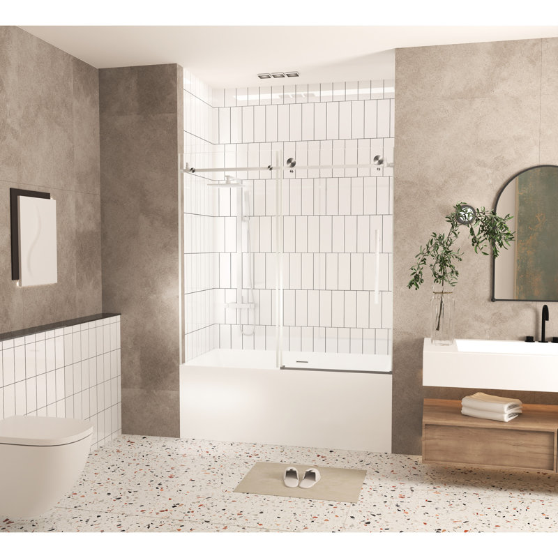 60" Tall Shower Door 56 - Wide, 6 Mm Transparent Tempered Glass, Shatter Prevention Wrapper, Ergonomic Stainless Steel Seizure, Brushed Nickel Visibility Big Wheels For Easy Movement Cover, Grab,