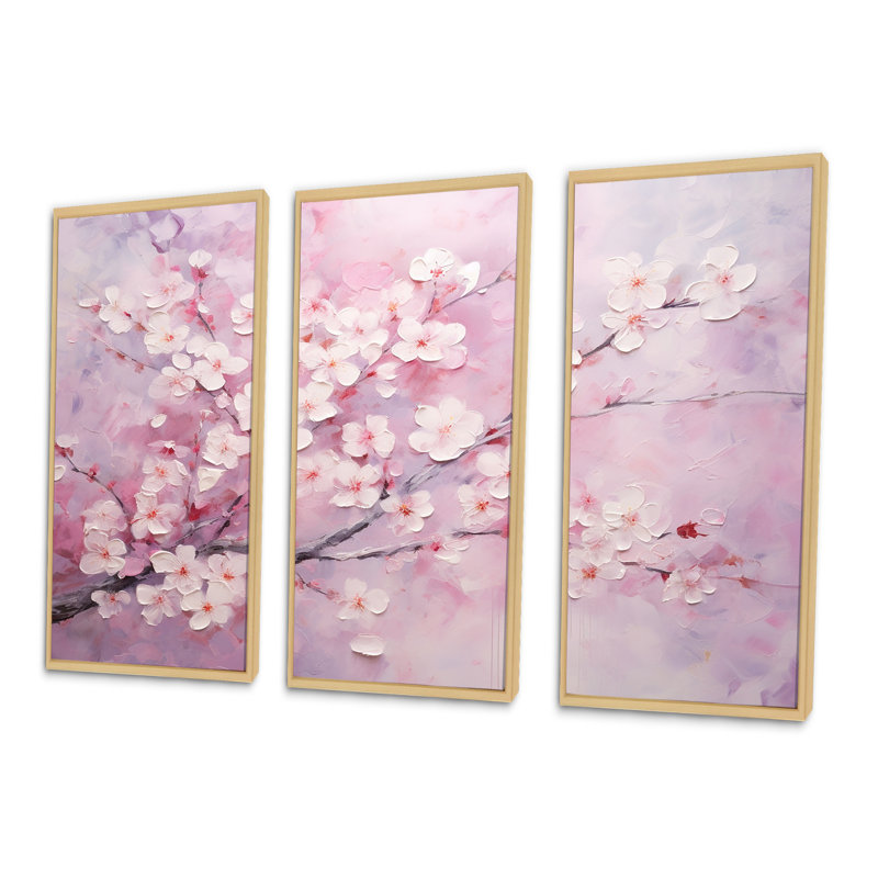 Minimalisme, cerisier rose - ensemble de reproductions d'art mural cerisier en fleurs, Cadre naturel flottant