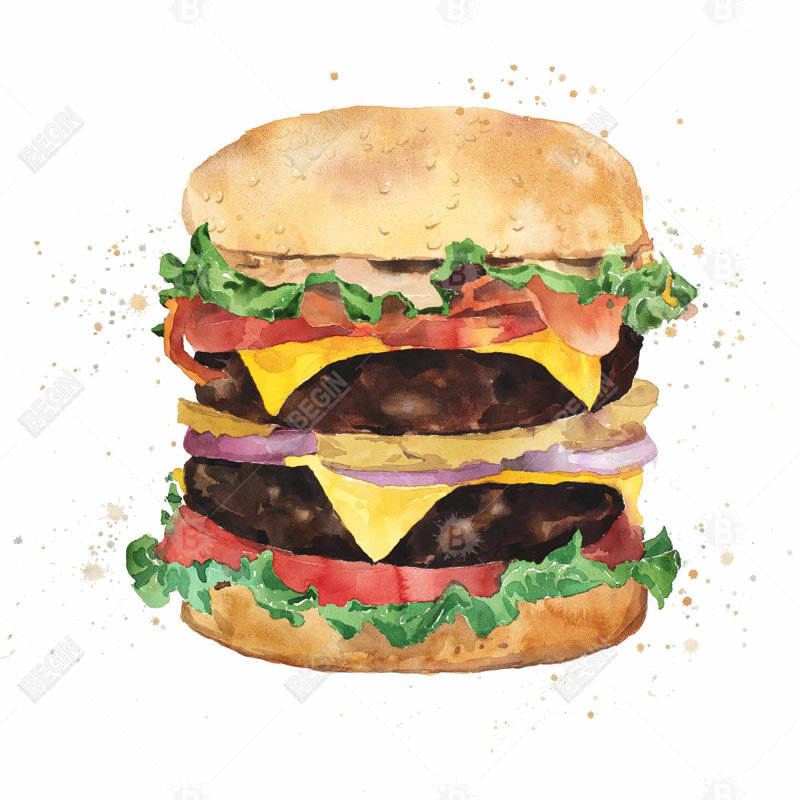 Aquarelle sur toile Cheeseburger double - décor alimentaire brun
