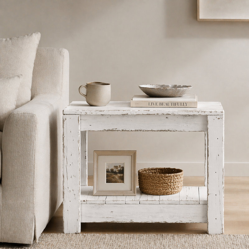 26" Reclaimed Wood Accent Table | Narrow End Table | Solid Wood Side Table (White), White