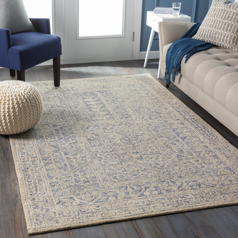 Bergmann Oriental Hand-Tufted Wool Navy/Beige Area Rug, Rectangle 8' x 10'