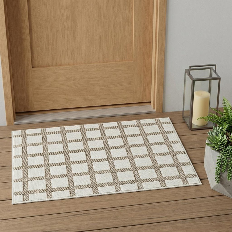 3' X 5' Cream and Beige Geometric Distressed Indoor Outdoor Area Rug