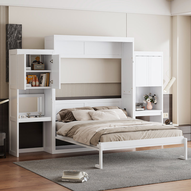 Queen Size Murphy Bed with Desk, Flip-Up Vanity & Cabinets – Space-Saving Wall Bed for Small Rooms, White, White