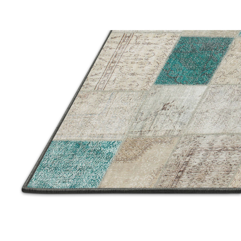 Tapis contemporain beige / turquoise, Rectangle 5 pi x 7 pi