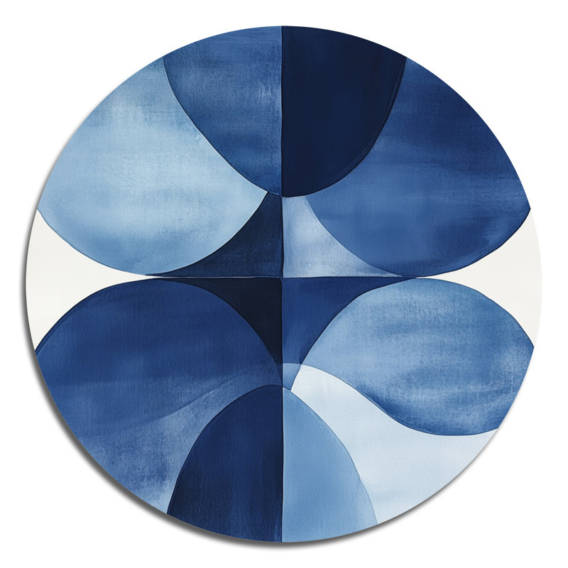 «Blue Minimal Curves - Abstract Shapes», décoration murale ronde en métal, L 36 po x H 36 po