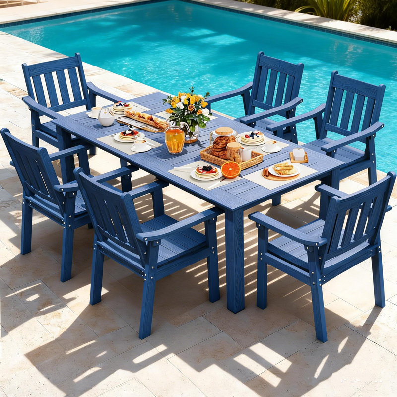 All Weather Outdoor Table and Chairs 7 Pieces Patio Dining Sets Outside Furniture With Umbrella Hole& Aluminum Frame HIPS Modern Patio Dining Set for 6 Person for Outside Backyard/Porch/Deck, 1-Tables 6-Chairs