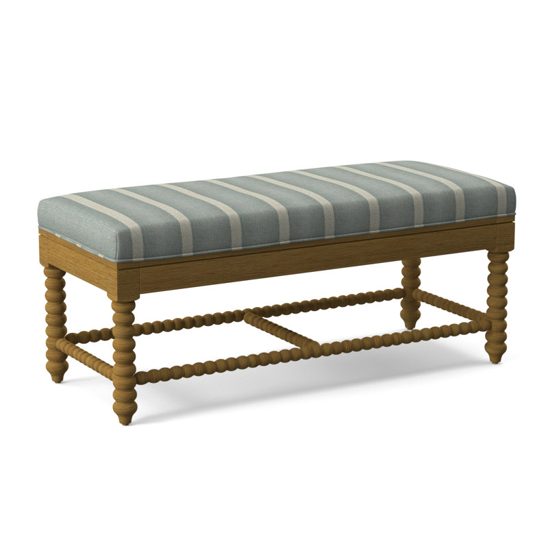 Lind Island Upholstered Bench, Honey Finish, Light Blue and White Stripe; 0256-54