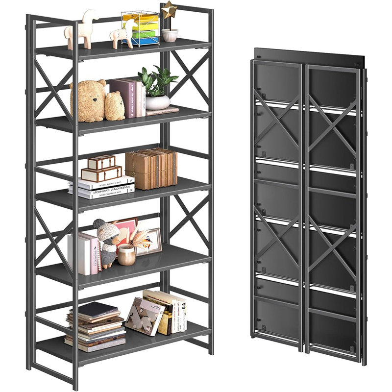 Bibliothèque pliante à 5 niveaux, bibliothèque industrielle H 51,2 "- aucun assemblage requis, tablettes de rangement pliables pour la chambre à coucher, le salon ou le bureau personnel - blanc / or
