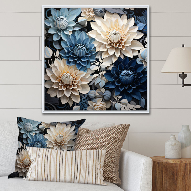 Décoration florale bleue et blanche - Dahlia, Cadre flottant blanc, 36" H x 36" W