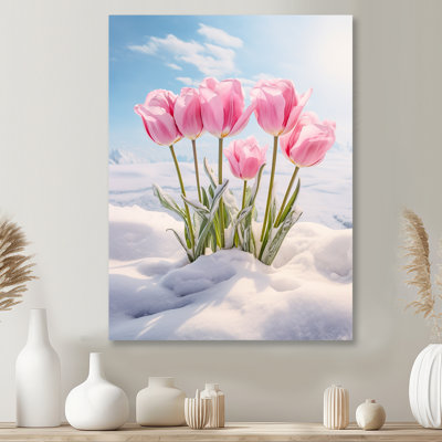 Tulipe rose, neige, paysage ensoleillé I - Tulipes, art mural, salon