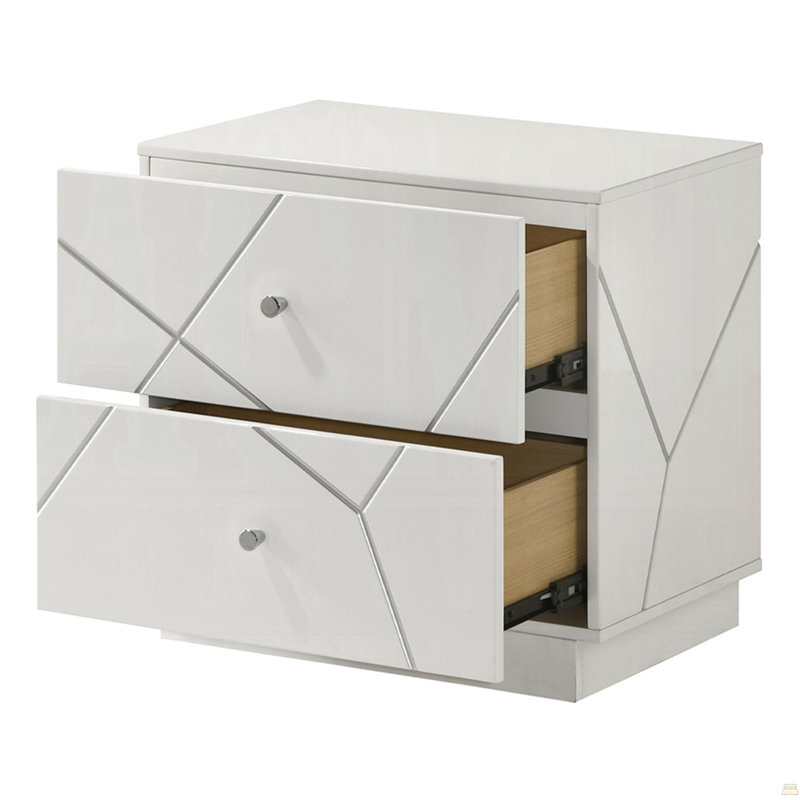 Ultra Modern White Finish Stylish Nightstand with 2x Drawers Embossed Lines Design Contemporary Bedroom Furniture 1pc Bedside Cabinet