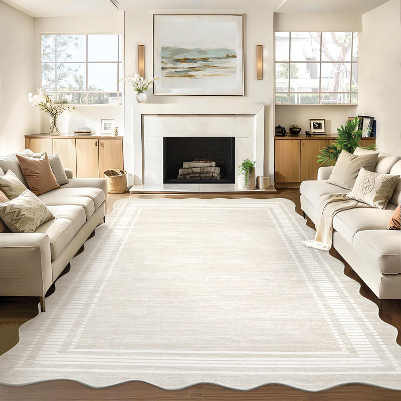 Striped Machine Printed Area Rug, Cream, Rectangle 160 x 230 cm