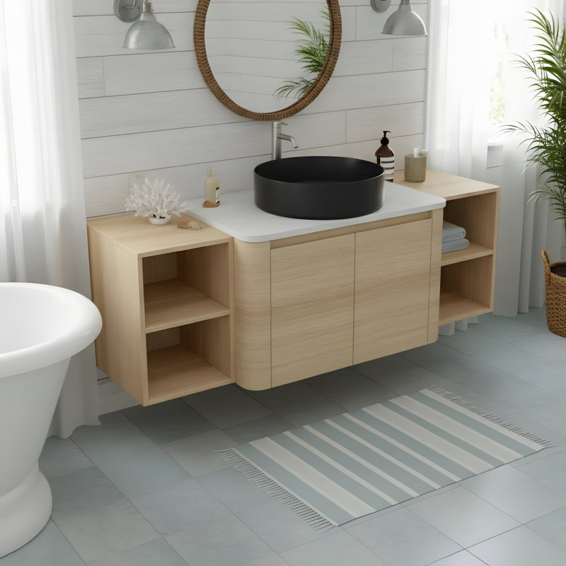 Meuble-lavabo mural avec lavabo en céramique, 2 portes à fermeture douce et 2 petites tablettes de rangement