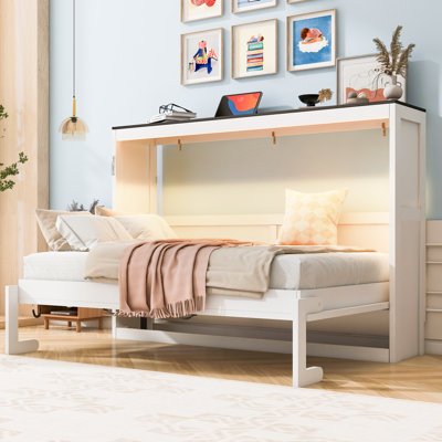 Lit escamotable simple avec bureau, lumière DEL 7 couleurs, armoire murale pliable pour petits espaces, blanc et brun