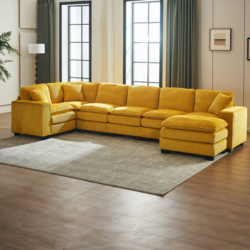 Canapé modulaire moderne en U à 6 places avec un repose-pieds et trois coussins décoratifs, canapé modulaire pour le salon, canapé en velours côtelé