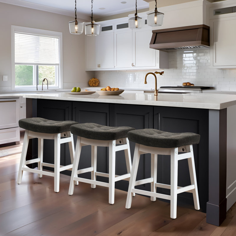 24inch Wooden Backless Saddle Counter Height Barstools Wide Seat Comfortable For Kitchen Island, PU Gray Seat/White Frame