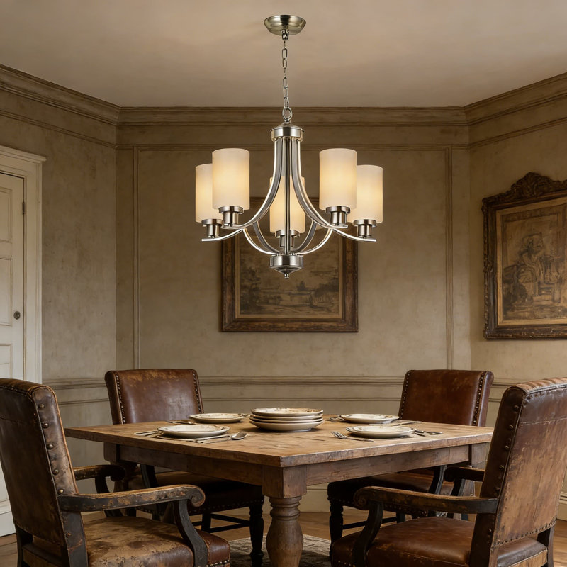 5-Light Traditional Chandelier With Milky White Glass Shades, Brushed Nickel Finish, Adjustable Hanging Length For Dining Room, Kitchen, Foyer, And Bedroom