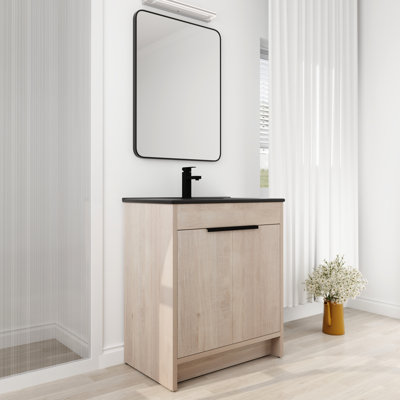 30 Inch Freestanding Bathroom Vanity With Black Ceramic Sink. 2 Soft-close Cabinet Doors. Modern Plywood. Adjustable Shelf Inside Sink Ceramic.
