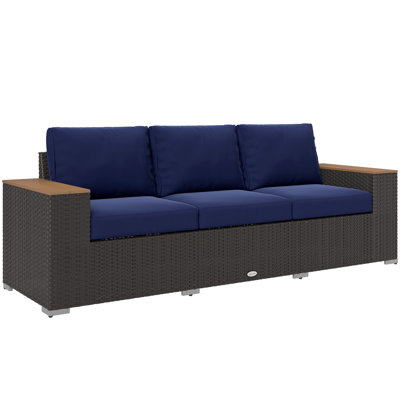 3-Seat Outdoor Patio Sofa with Cushions, PE Rattan Wicker Sofa with Wood Grain Wide Armrests, Outdoor Wicker Couch for Porch, Garden, Sunroom, Poolsid