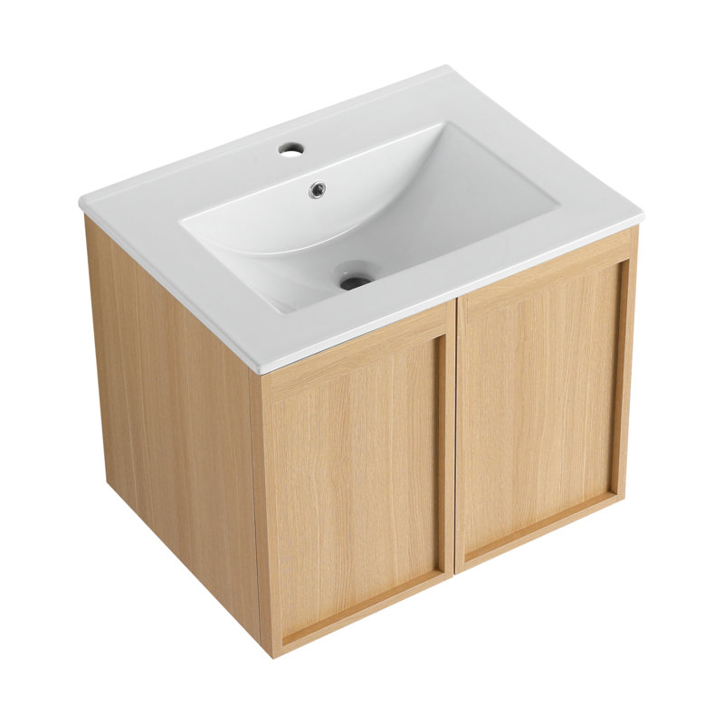 Meuble-lavabo flottant 24 po avec lavabo, armoire murale moderne en chêne clair, cuve en céramique à bord mince, portes à fermeture en douceur, rangement peu encombrant, installation facile