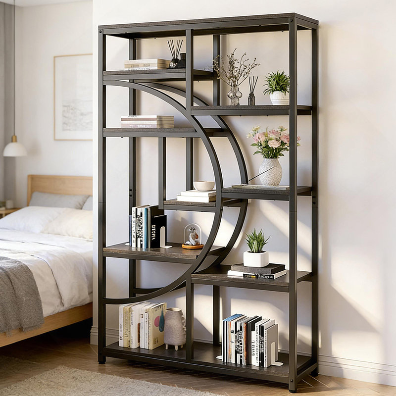 Versatile Display Shelves, Freestanding Bookshelf With Geometric Design For Modern Aesthetic And Ample Storage, Gray