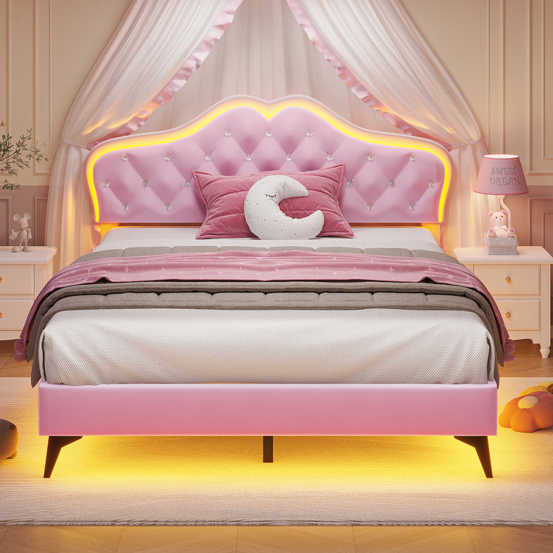 Princess Style Velvet Upholstered Scalloped Platform Bed, Full, Pink