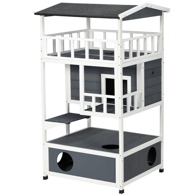 Wooden Outdoor Cat House, Gris / Blanc