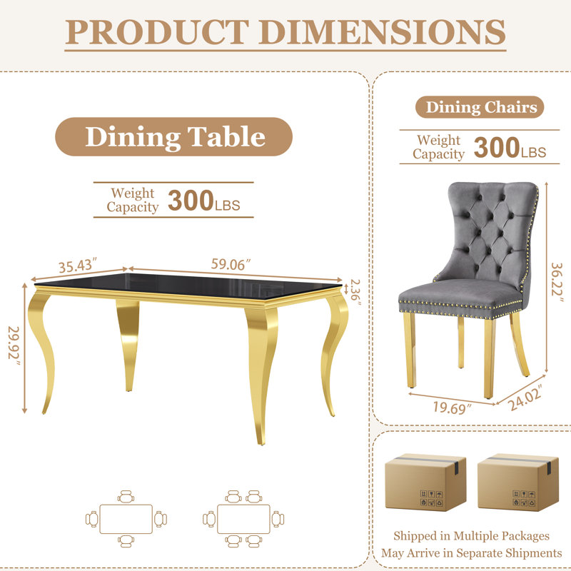 Modern 7-Piece Dining Set, Black Opaque Tempered Glass Dining Table With Mirror Stainless Steel Curved Legs & Velvet Dining Chairs With Tufted Backrest And Nailhead Decoration