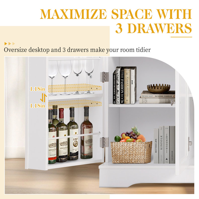 Buffet moderne de 54 po avec rangement, buffet en bois avec tiroir, meuble-bar avec portes et tablettes rÃ©glables, blanc
