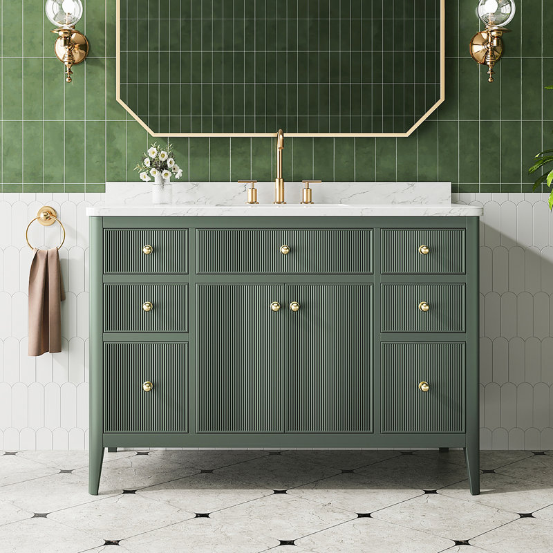 48'' Freestanding Single Sink Bathroom Vanity With Fluted Front, Soft-Close Drawers, Solid Wood Construction & Engineered Marble Top – Fully Assembled