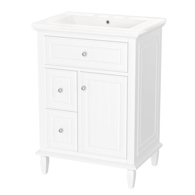 Meuble-lavabo 24 po avec lavabo, meuble-lavabo avec un tiroir rabattable et deux tiroirs, tablette réglable, bois massif et panneau de fibres à densité moyenne, blanc