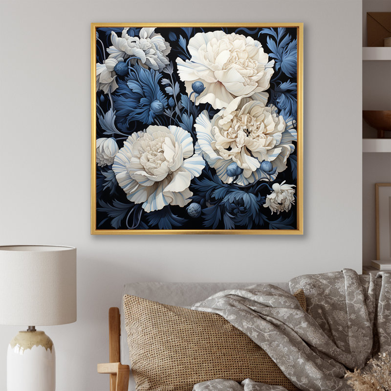 Arrangement d'œillets blanc et bleu IV sur toile, Cadre flottant doré, H 30 po x l 30 po