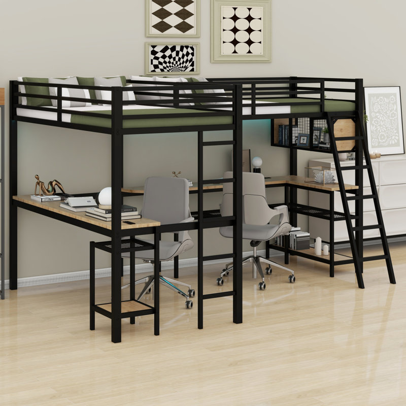Metal Loft Bed with LED Lighting, Dual Desks, Storage Shelves & 2 Charging Stations