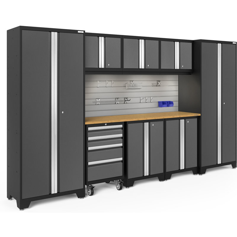 Bold Series 76.75'' H x 132'' W x 18'' D 9 Garage Storage Cabinet Set, Grey, Bamboo