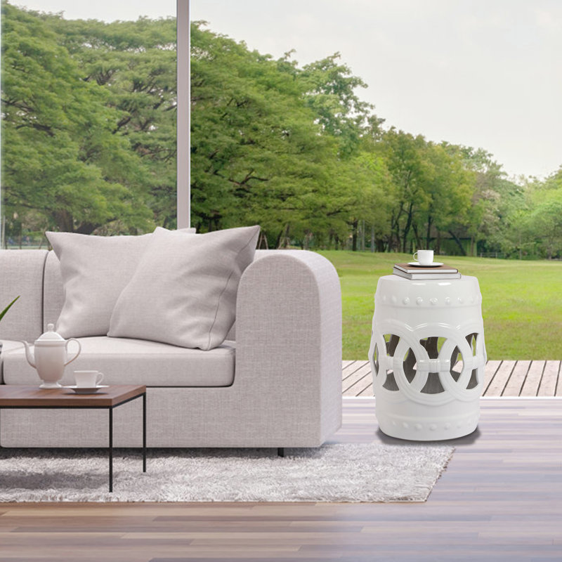Table d'appoint cylindrique en céramique blanche 17 po x 10,5 po, émaillée, déformée - intérieur / extérieur, charmant tabouret d'appoint, glacis, utilisation polyvalente intérieure / extérieure, table de jardin élégante