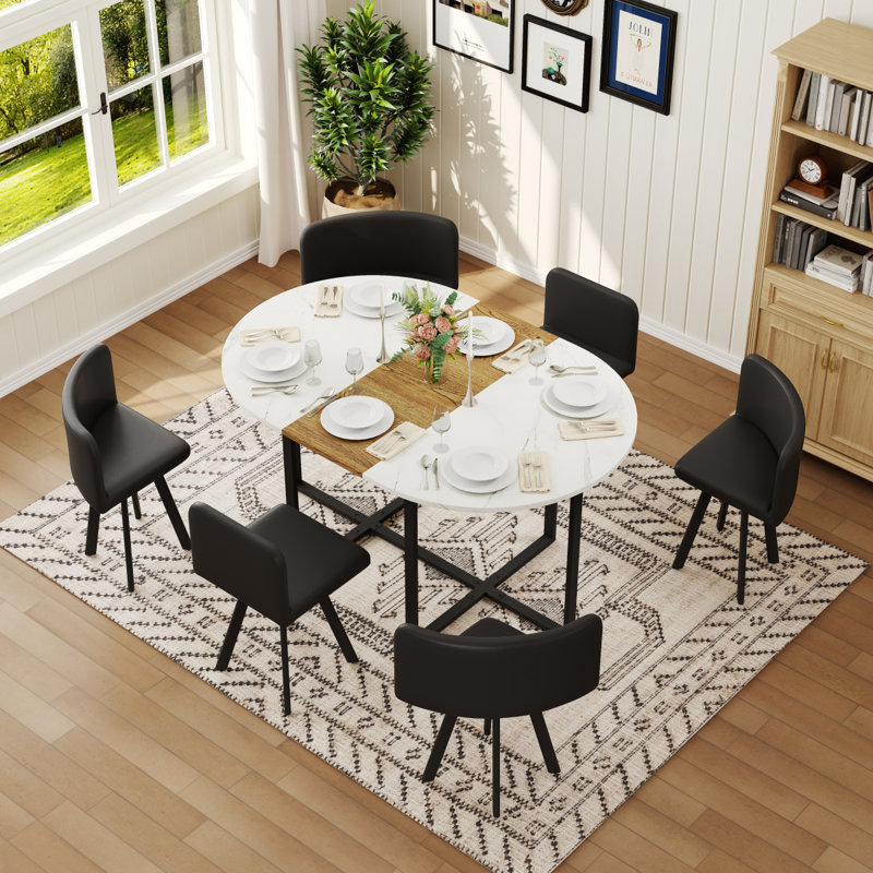Ensemble de table de salle à manger 7 pièces ovale, plateau fixe en triamine blanche et grain de bois avec 6 chaises en cuir synthétique, ensemble de table de cuisine moderne pour 6 personnes, idéal pour les petits espaces, appartement