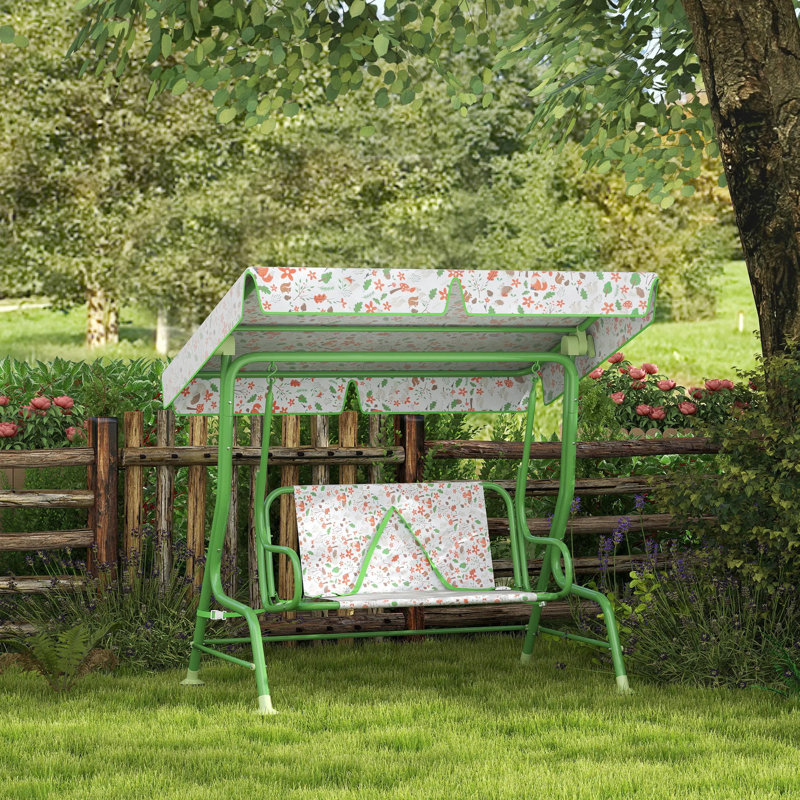 Banc de balançoire pour enfants avec balançoire 2 places avec auvent réglable, ceinture de sécurité pour patio, jardin, bord de piscine, balcon, vert, bois