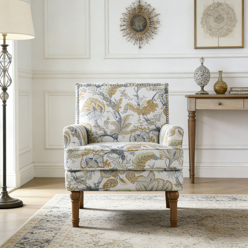 Chaise d'appoint, revêtement floral, garniture cloutée, pieds en bois massif, Jaune terreux
