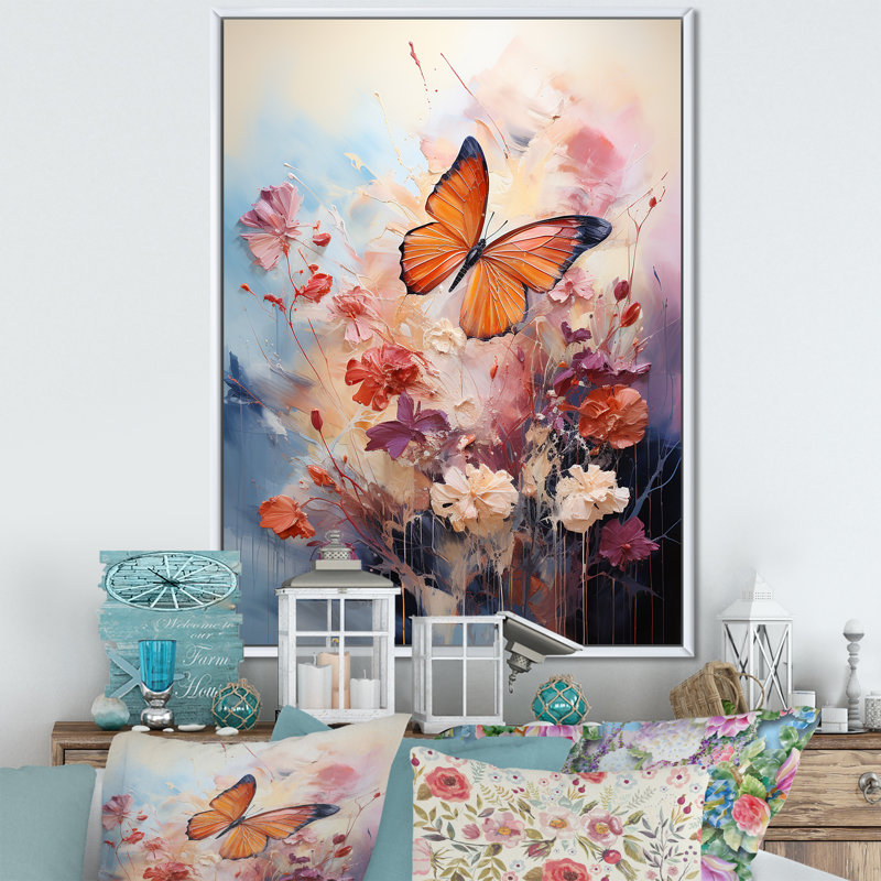 «Butterfly Whimsical Flight Bouquet», reproduction d'art mural papillon, Cadre flottant blanc, H 44 po x l 34 po x P 1,5 po