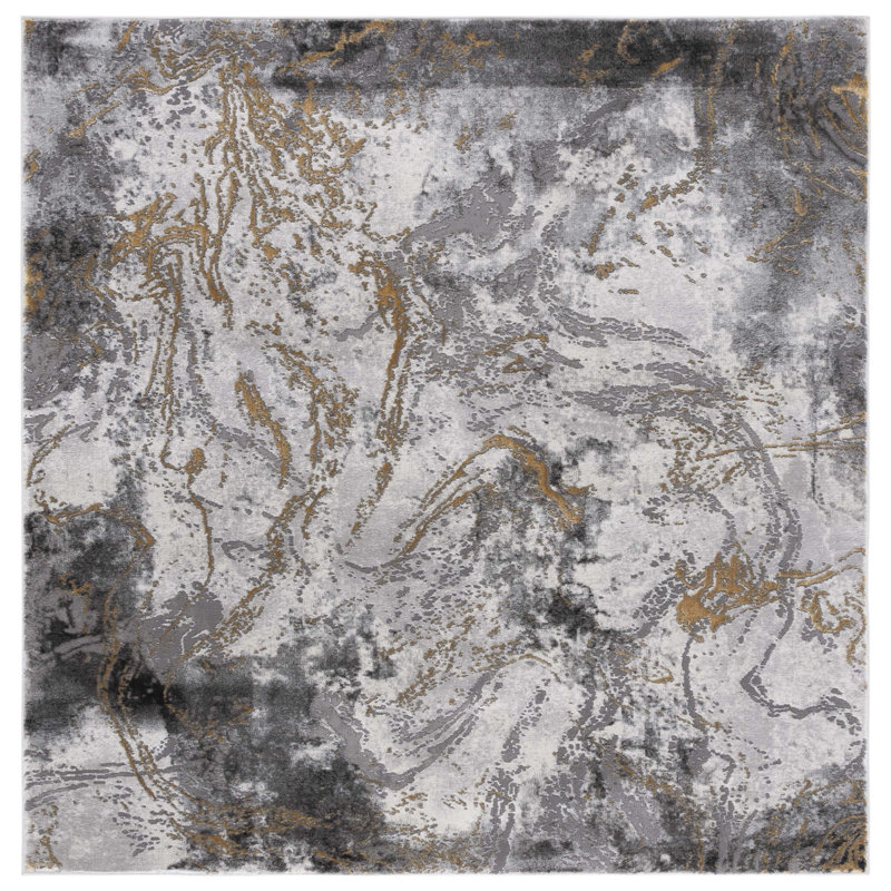 Prichard Abstract Gray/Gold Area Rug, Square 6'7"