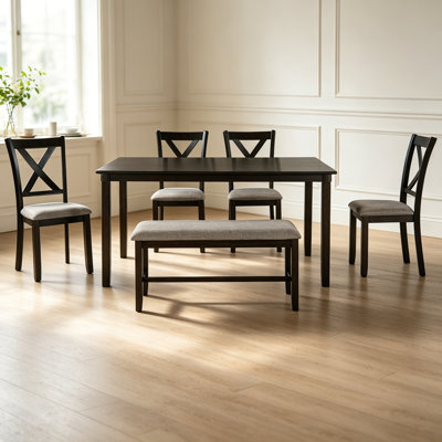 6-Piece Kitchen Dining Table Set Wooden Rectangular Dining Table, 4 Fabric Chairs and Bench