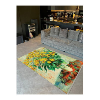 Tapis décoratif moderne jaune à motif de marguerites et de feuilles à motif jaune Oxeye