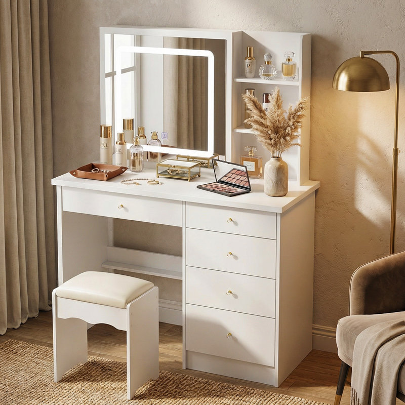 Ensemble de coiffeuse avec miroir coulissant et lumières, Blanc