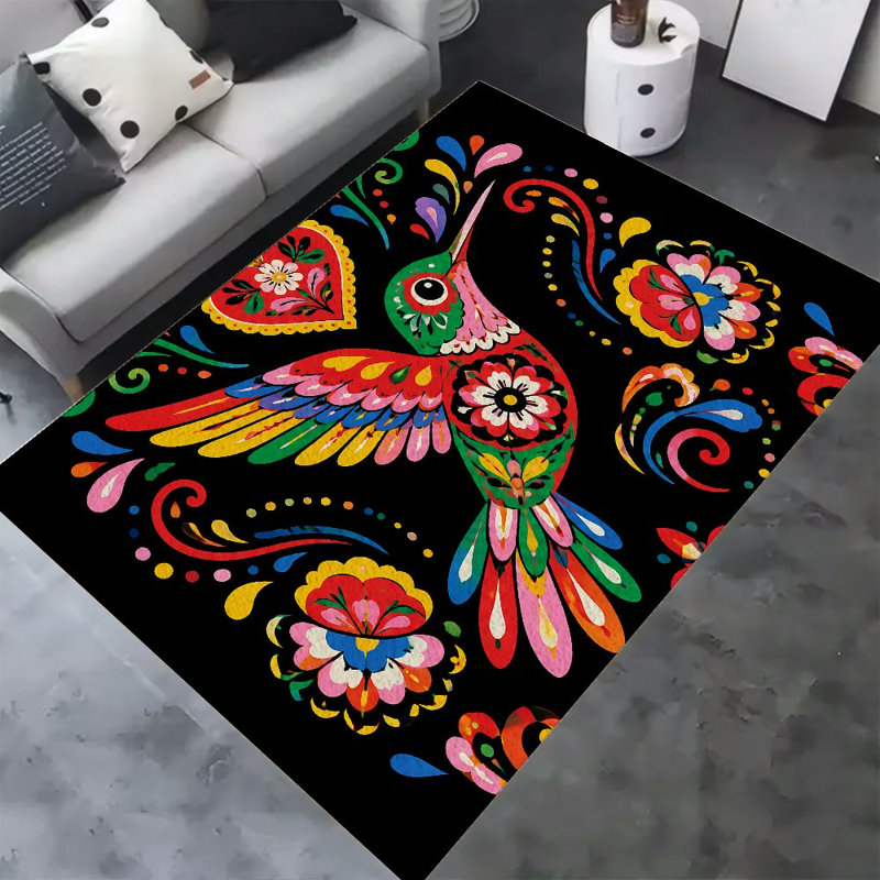 Tapis d'intérieur en velours doux et moelleux, motif colibri et cœur, inspiré de l'art populaire mexicain, idéal pour le salon ou la chambre. Antidérapant et lavable, il offre un décor intérieur moderne et minimaliste. Dimensions : 100 x 160 cm.