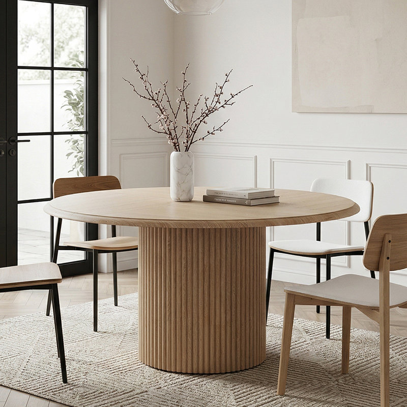 Round Metal Base Dining Table, Natural Wood