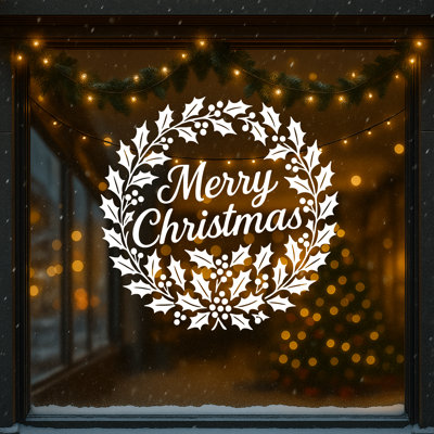 Autocollant mural «Joyeux Noël» - Couronne décorative «Joyeux Noël» - Décoration murale amovible en vinyle pour le salon ou la vitrine AMC-04