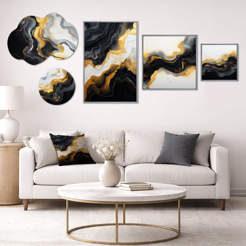Or et marbre noir Essence I - ensemble de 5 reproductions d'art sur toile abstraites, en métal et encadrées (100 po x 40 po)