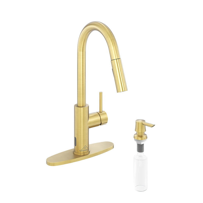 Willow Single-Handle Pull Down Sprayer Kitchen Faucet with Infrared Sensor, Soap Dispenser and Deck Plate, Brushed Gold